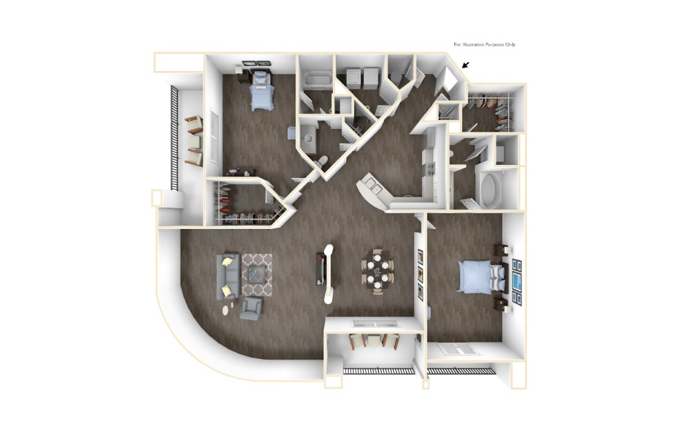 The Guggenheim - 2 bedroom floorplan layout with 2 baths and 1545 square feet. (3D)