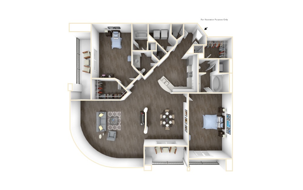 The Guggenheim - 2 bedroom floorplan layout with 2 bathrooms and 1545 square feet (3D)