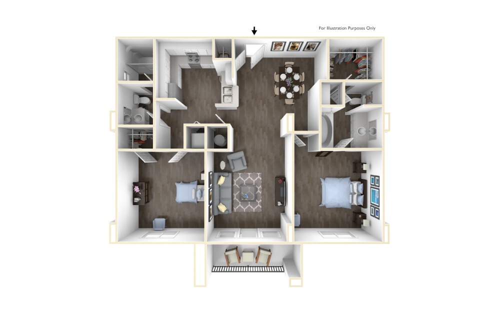 The Louvre - 2 bedroom floorplan layout with 2 bathrooms and 1151 square feet (3D)