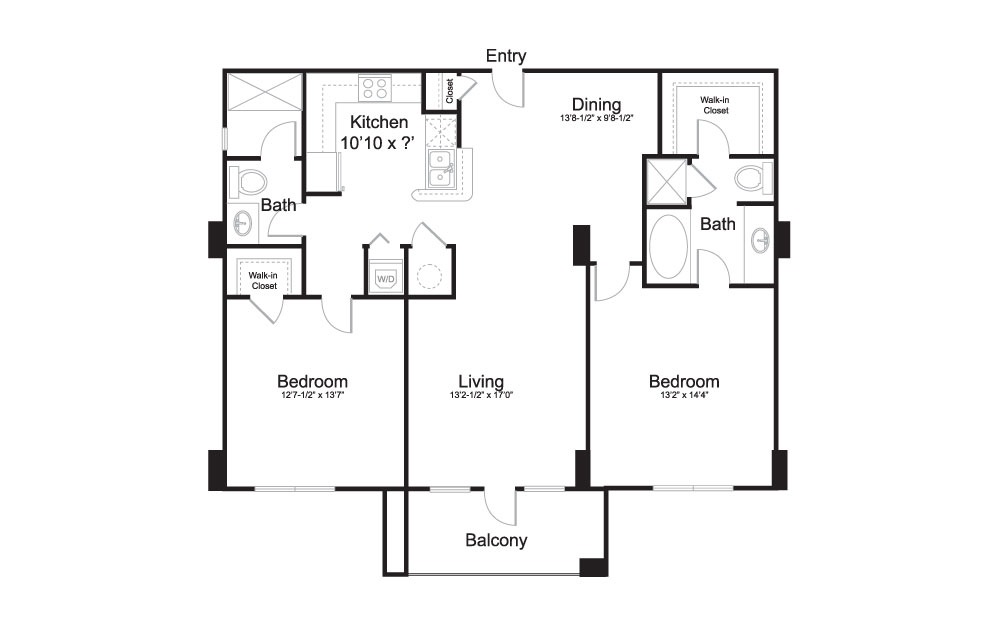 The Louvre - 2 bedroom floorplan layout with 2 baths and 1151 square feet. (2D)